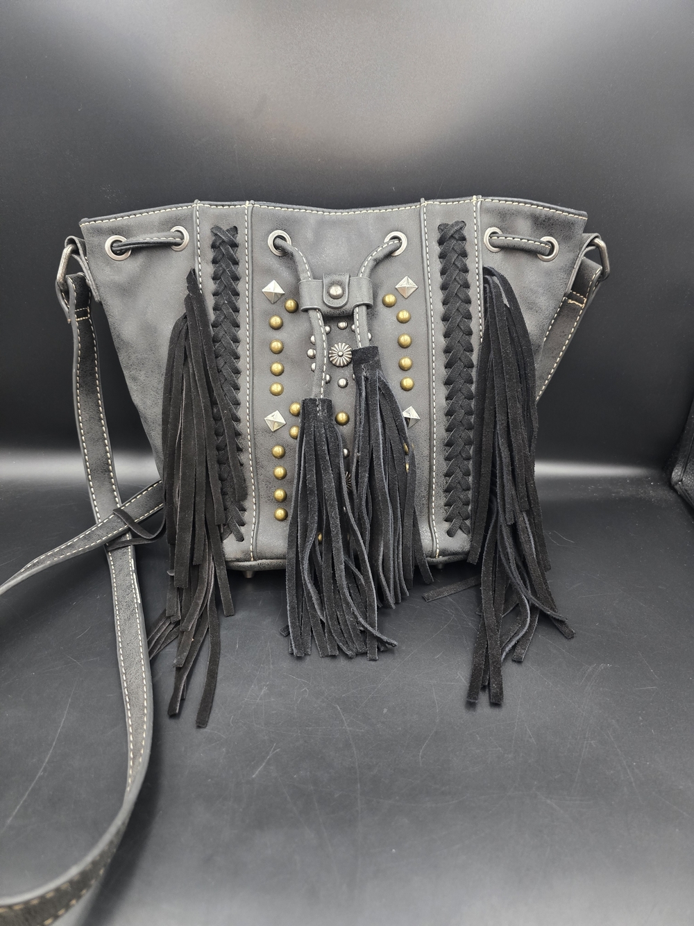 Montana West Black Fringe Stud and Braided Crossbody Bag